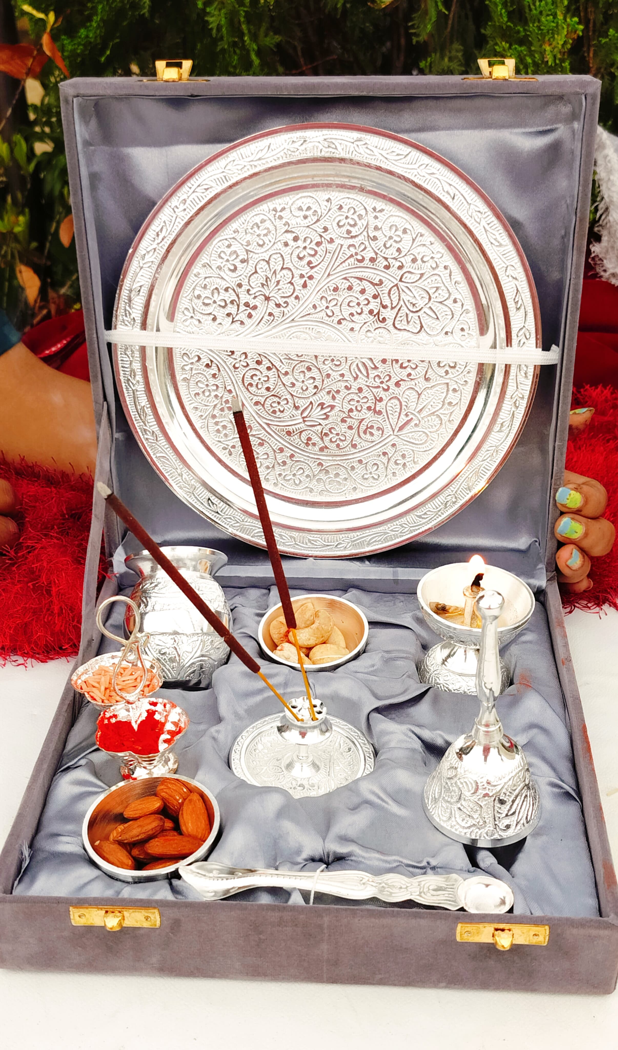 German silver Nakkashi Pooja set with Gift box